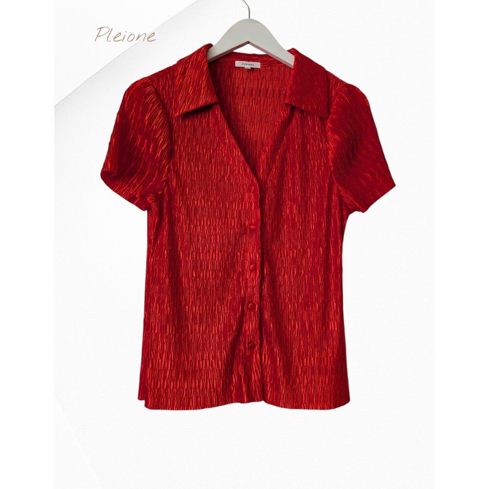 Pleione Orange Textured Crinkle Blouse Button Front Short Sleeve Top